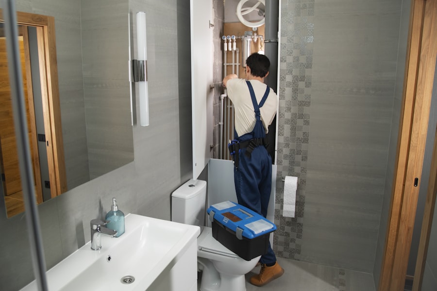 A tradesperson working on pipework with a toolbox beside them